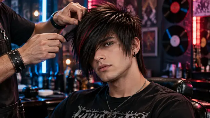 Haircuts for men emo style: long side-swept fringe with red streaks styled by a barber