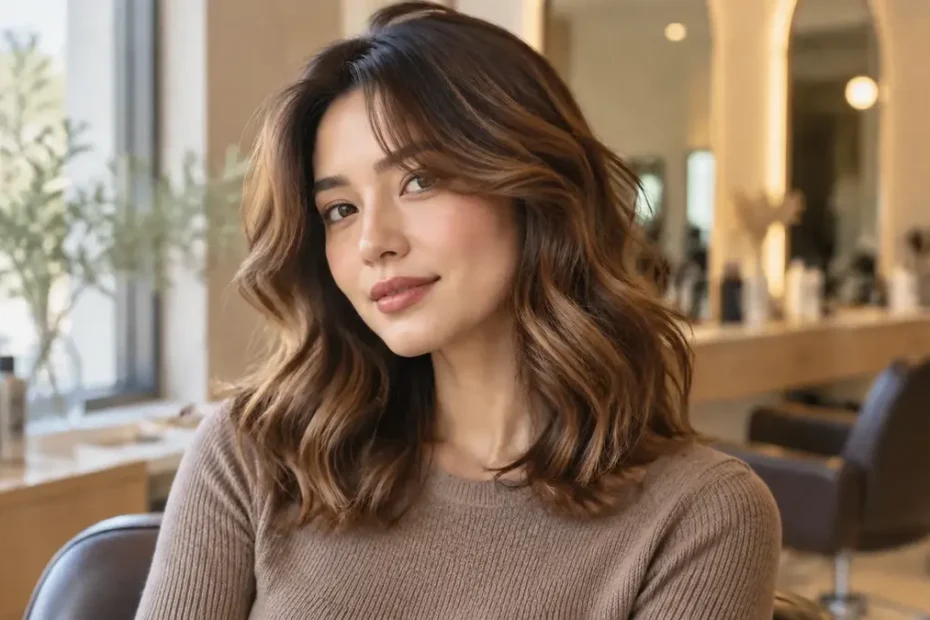 Woman with a frizzy wavy haircut showing defined layered waves and face-framing pieces in a salon setting