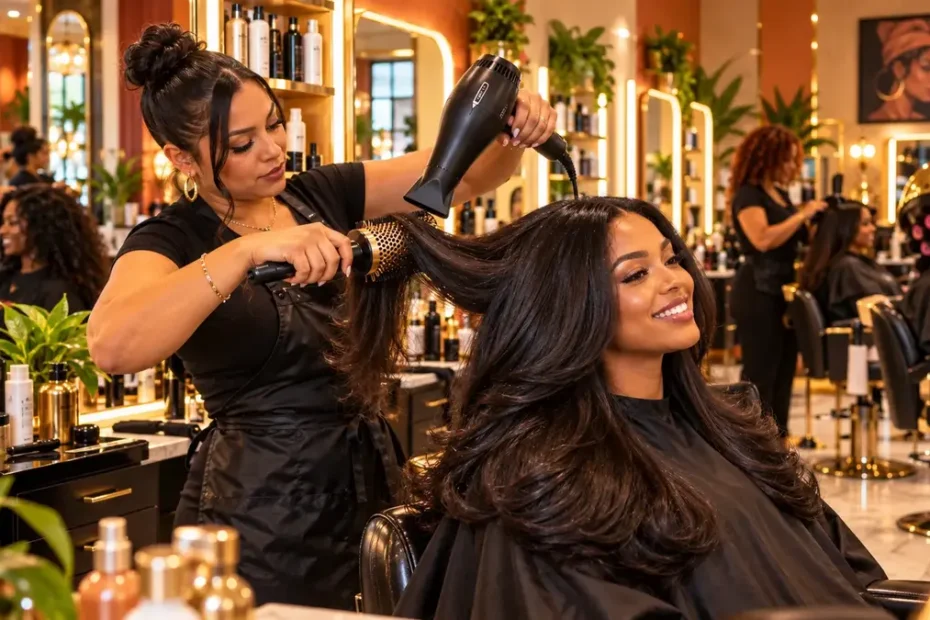 Stylist performing a bouncy blowout on a client inside a Dominican salon near me