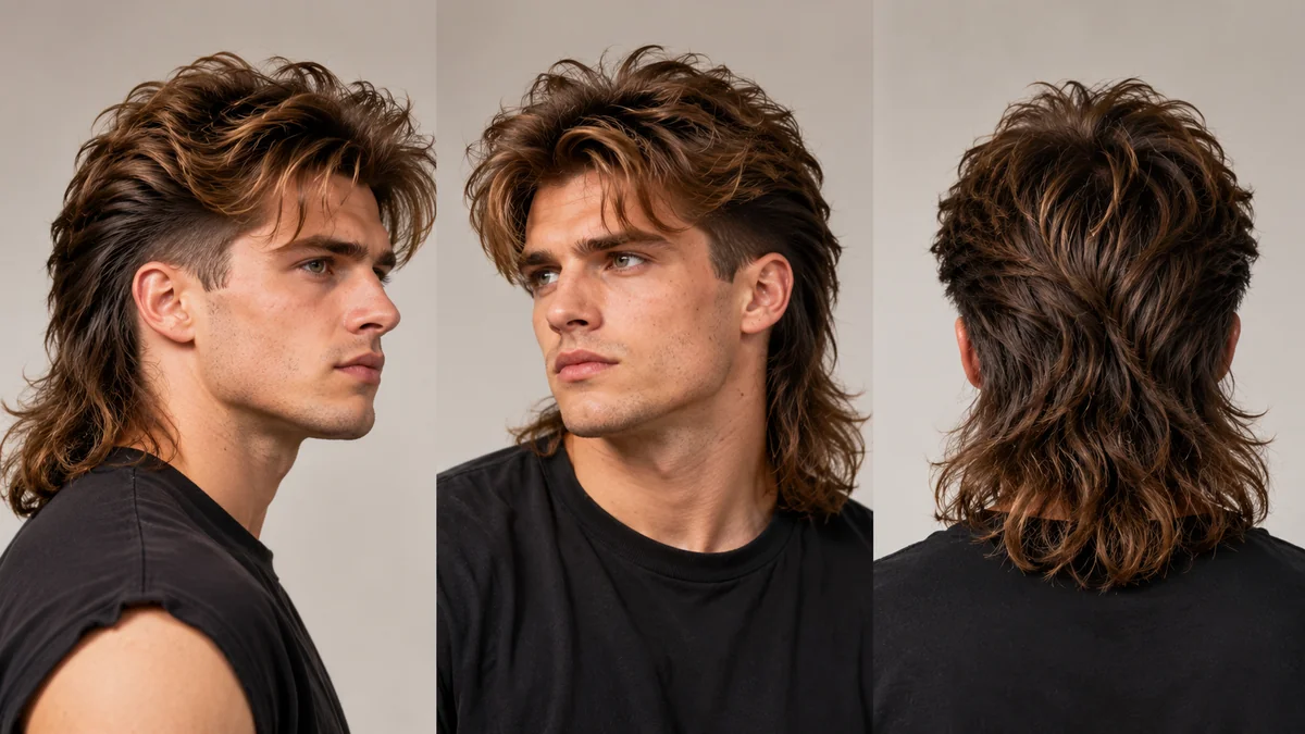 Man receiving a classic 90s mullet haircut with short sides and long back hair in a retro barbershop setting
