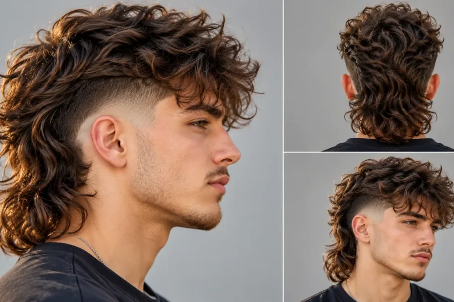 Man sporting a burst fade modern mullet with semicircular ear fade and textured back length
