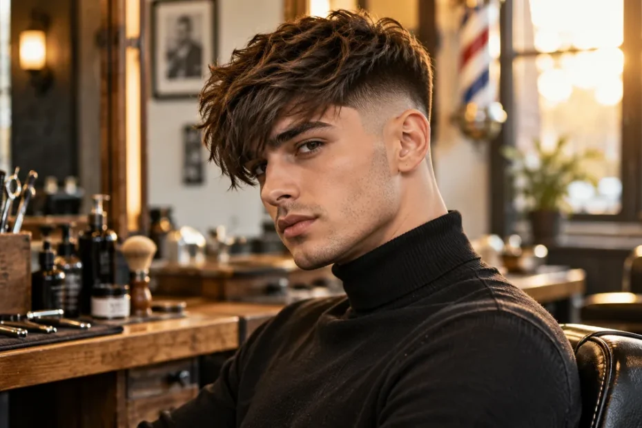 Man with a classic mod haircut for men featuring heavy textured fringe and clean faded sides in a barbershop