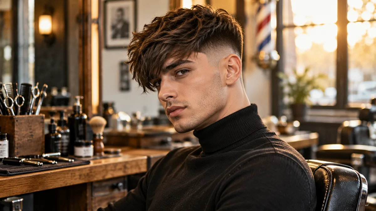 Man with a classic mod haircut for men featuring heavy textured fringe and clean faded sides in a barbershop