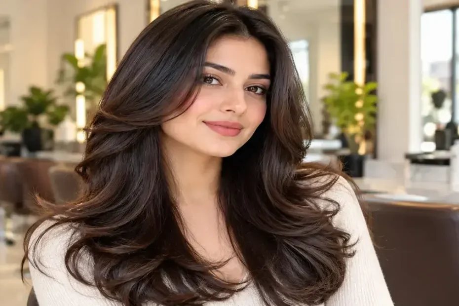 Long layered hair with flared ends styled as an Amal Clooney bell bottom haircut