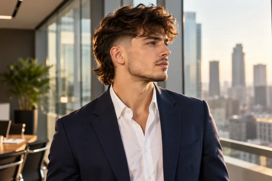 Young professional man wearing a corporate mullet hairstyle in a modern office setting