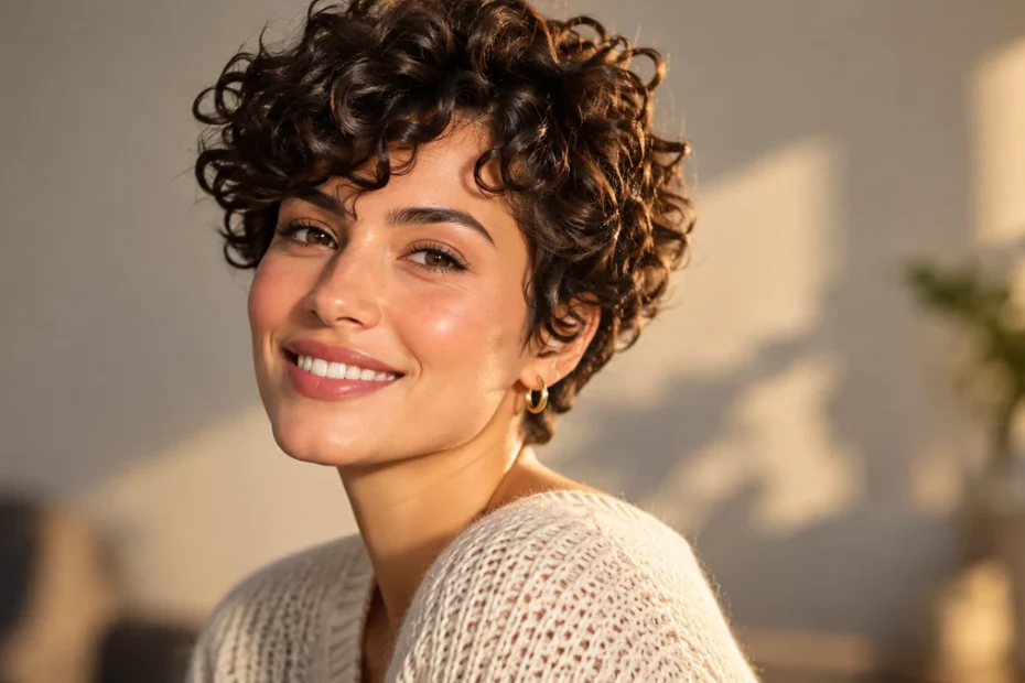 Woman with a defined curly pixie cut showing natural volume and bouncy ringlets Woman with a defined curly pixie cut showing natural volume and bouncy ringlets